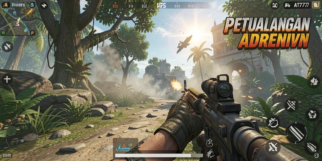 Screenshot gameplay menegangkan dari AT777 yang menampilkan aksi FPS.