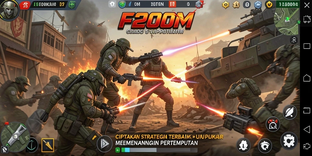 Screenshot gameplay F200M menunjukkan strategi seru dalam pertempuran.