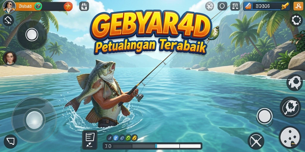 Gameplay GEBYAR4D yang menampilkan aksi memancing seru di alam.