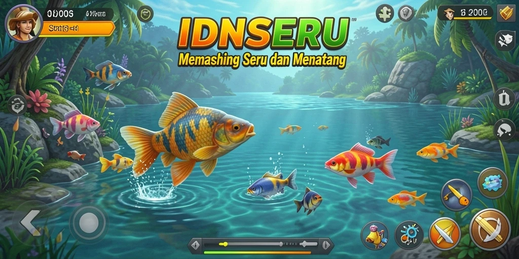 Tampilan gameplay seru IDNSERU dengan berbagai lokasi memancing.