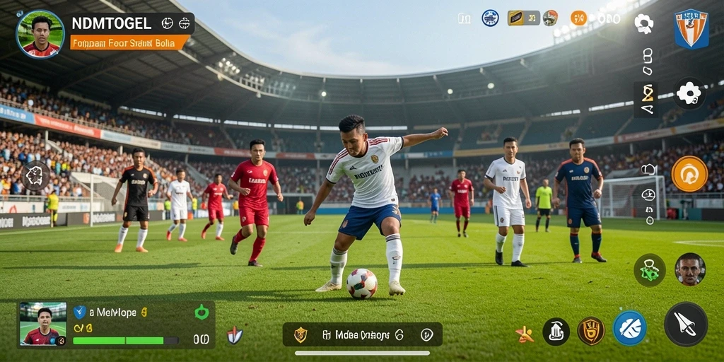 Screenshot gameplay NDMTOGEL menampilkan pertandingan sepak bola yang intens.