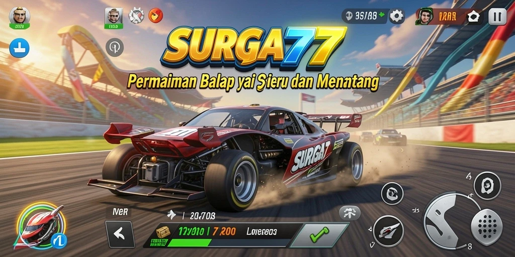 Gameplay Racing yang mendebarkan di SURGA77 dengan mobil balap yang cepat.